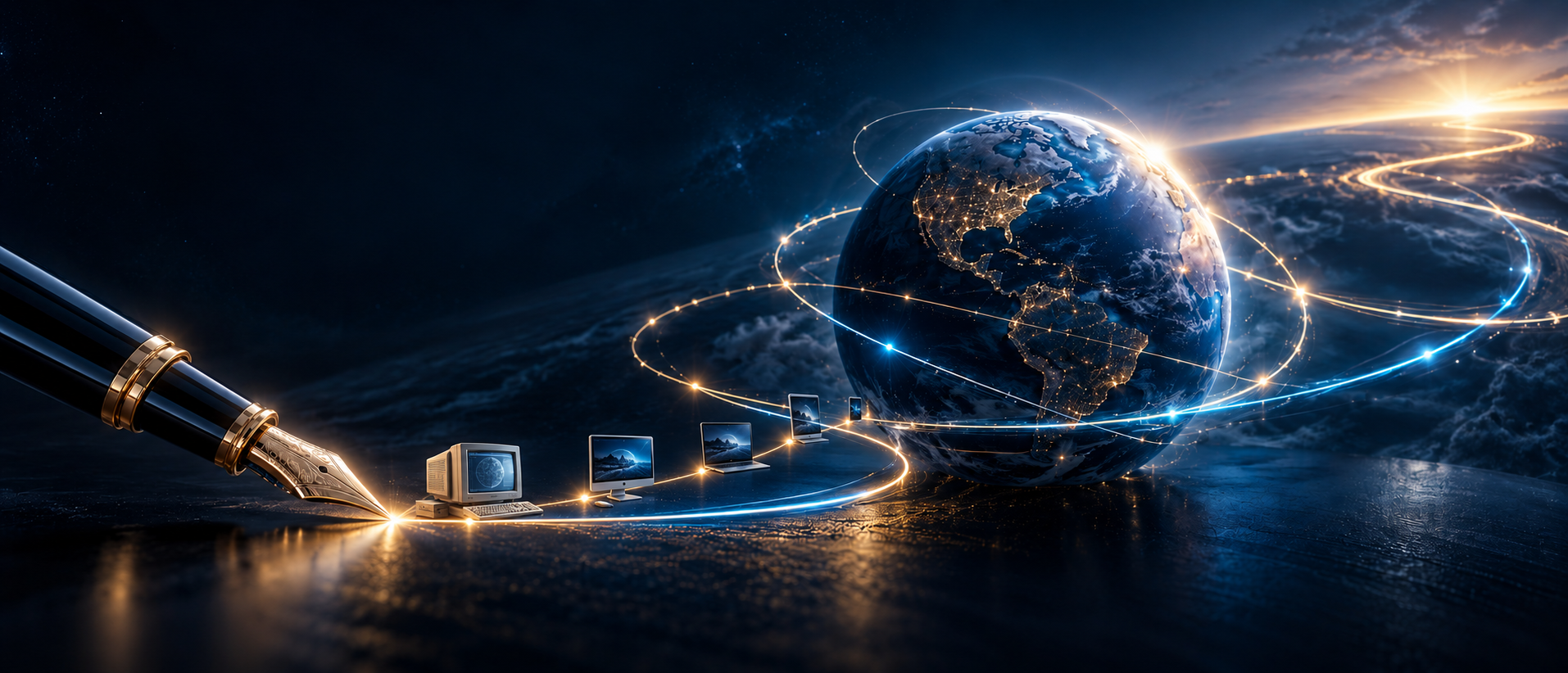The evolution of computers along a glowing path toward the connected world
