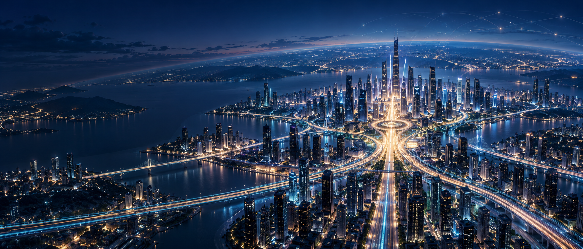 Illuminated routes converging at the center of a connected global city